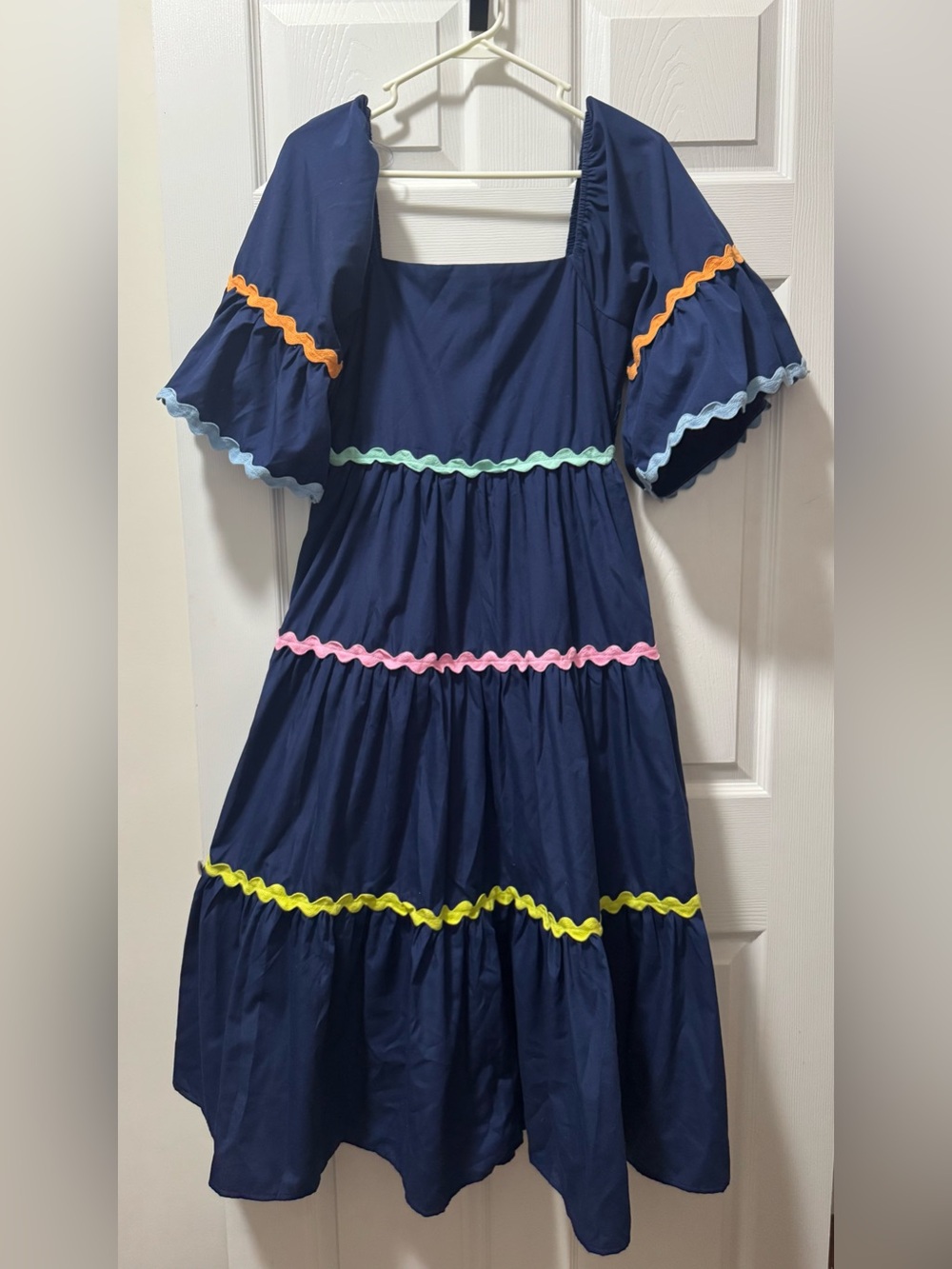 entro Navy Tiered Dress with Multicolor Ric Rac Trim